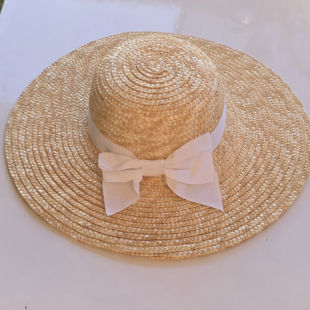 Janie and Jack Wide-Brim Straw Sun Hat with White Bow For Girls